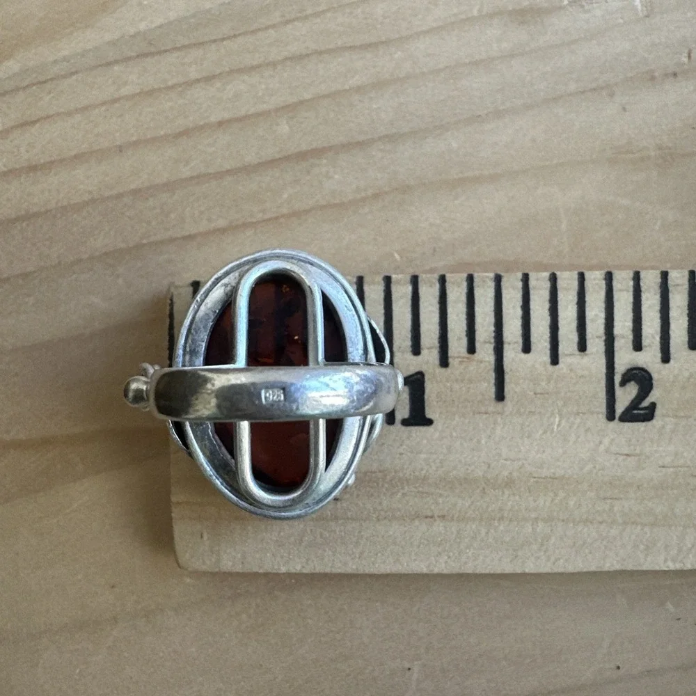 Vintage Artisan Brutalist Ring Size 7 Poland Baltic Amber 925 Sterling 12.5g MCM